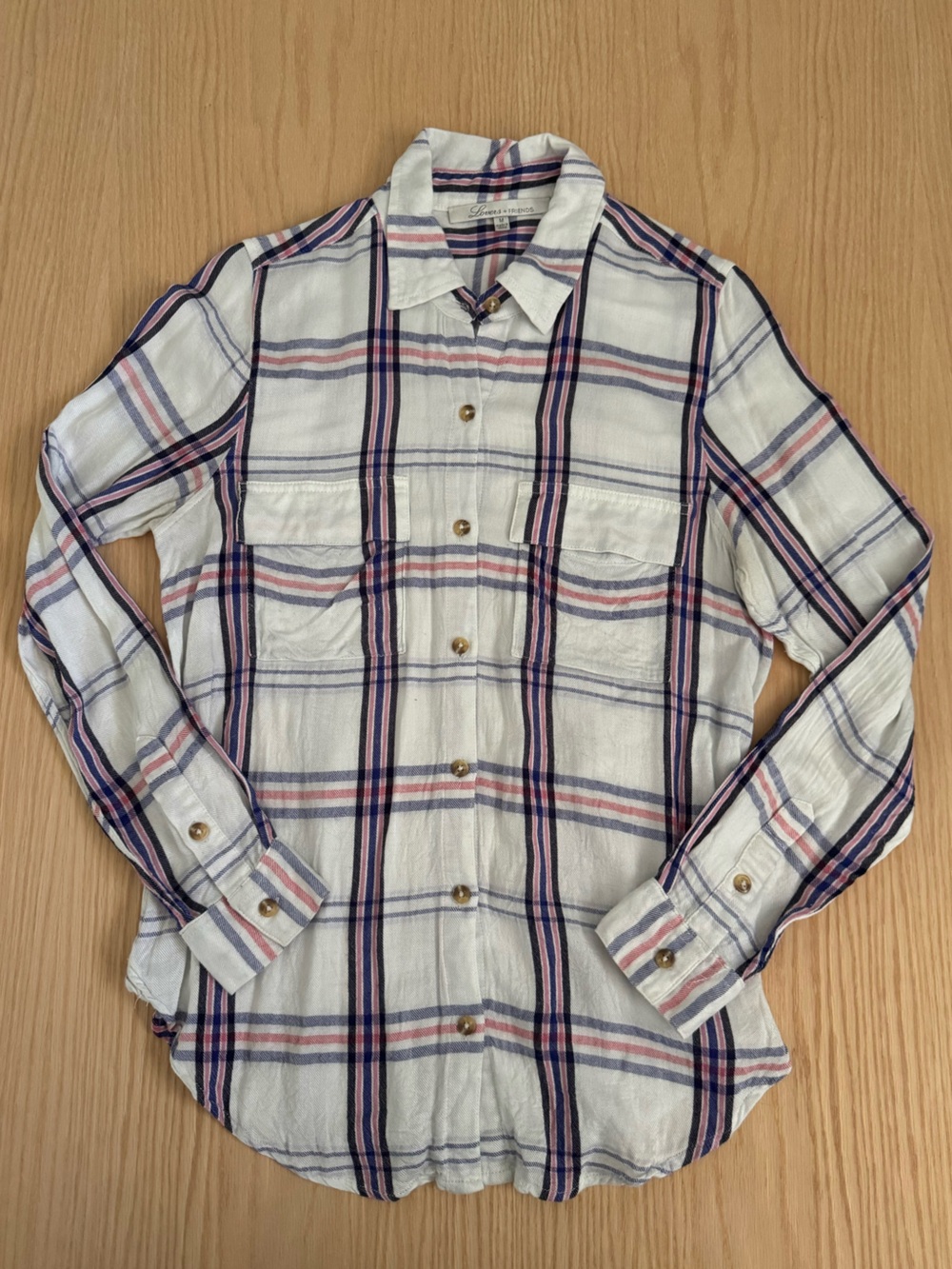 Lovers + Friends White Plaid Button-Down Shirt with Pink & Navy Stripes